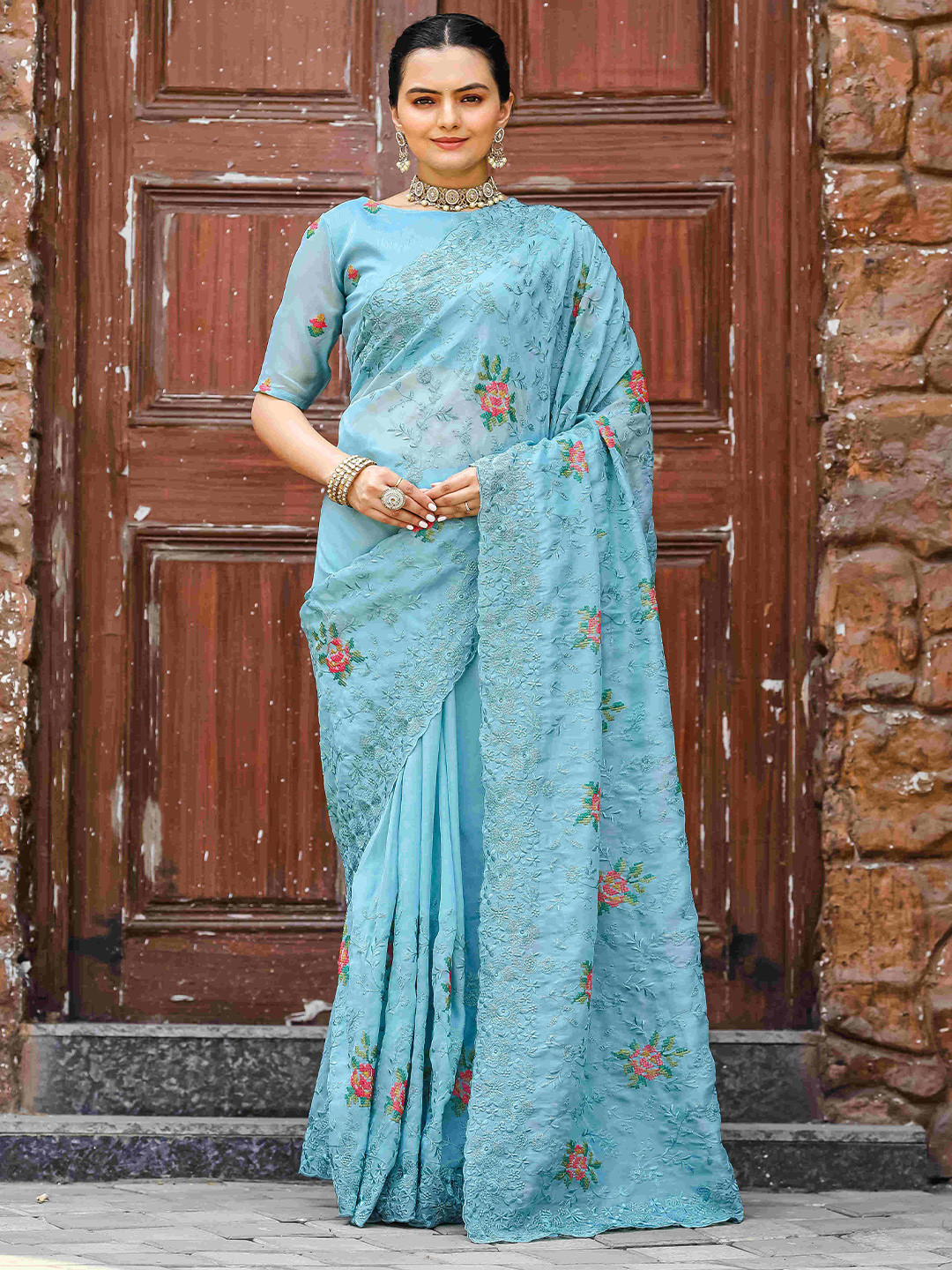 

DEVATITHI Floral Woven Design Saree, Blue