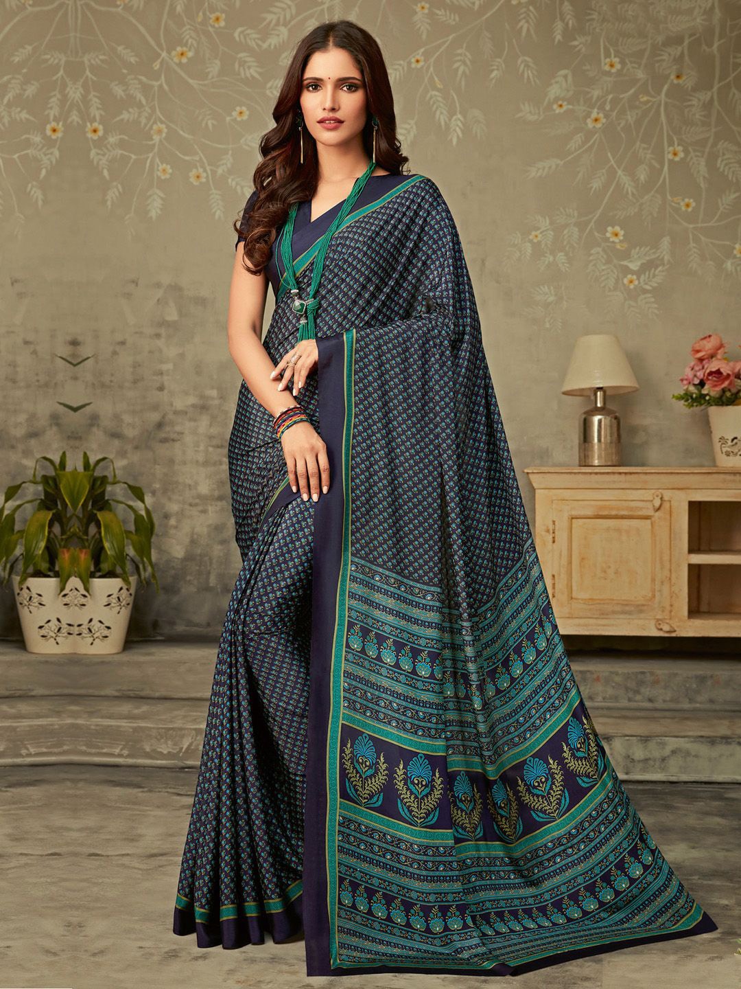 

Sangria Batik Printed Saree With Blouse Piece, Navy blue