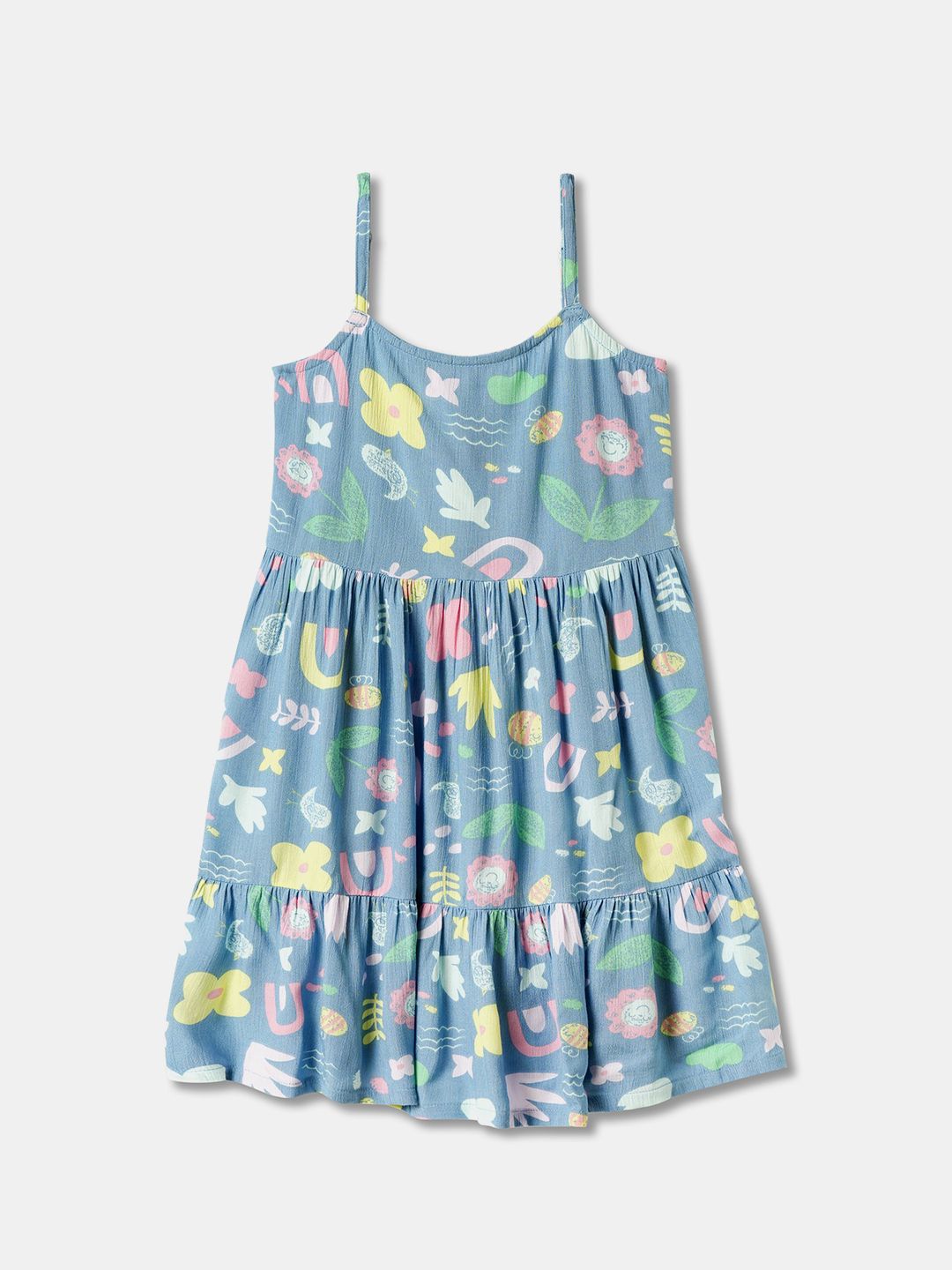 

R&B Girls Printed Shoulder Straps Cotton A-Line Dress, Blue