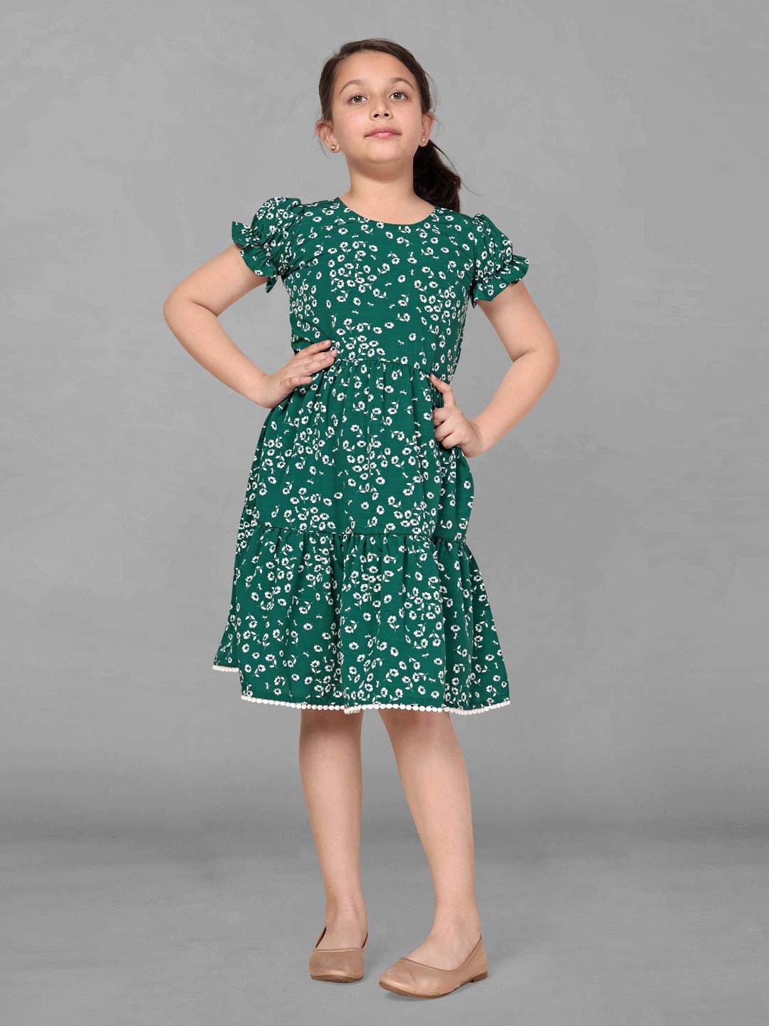 

BAESD Girls Floral Printed Puff Sleeve Ruffled Fit & Flare Dress, Green