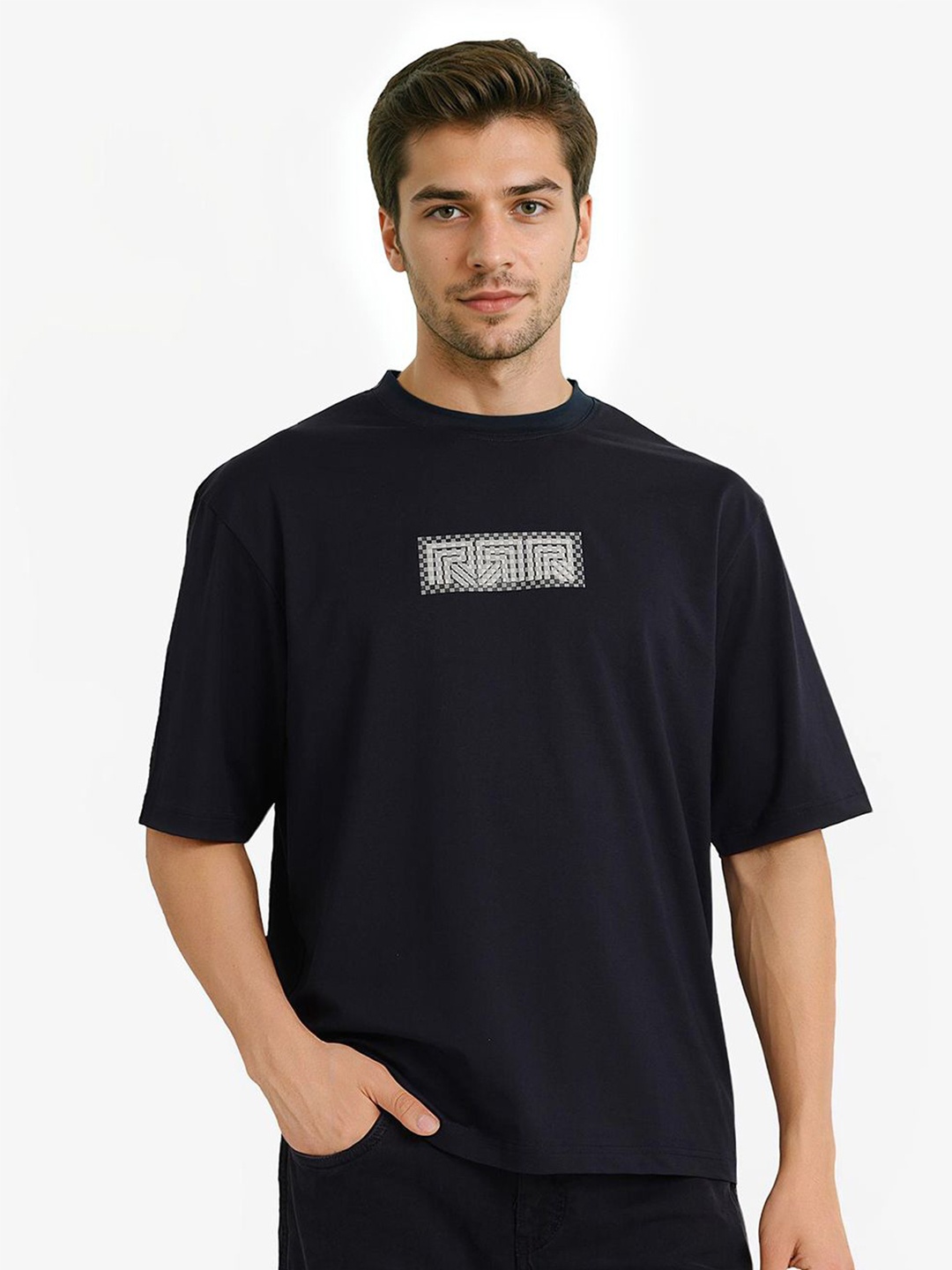 

RARE RABBIT Men Solid Drop-Shoulder Sleeves Oversized T-shirt, Navy blue