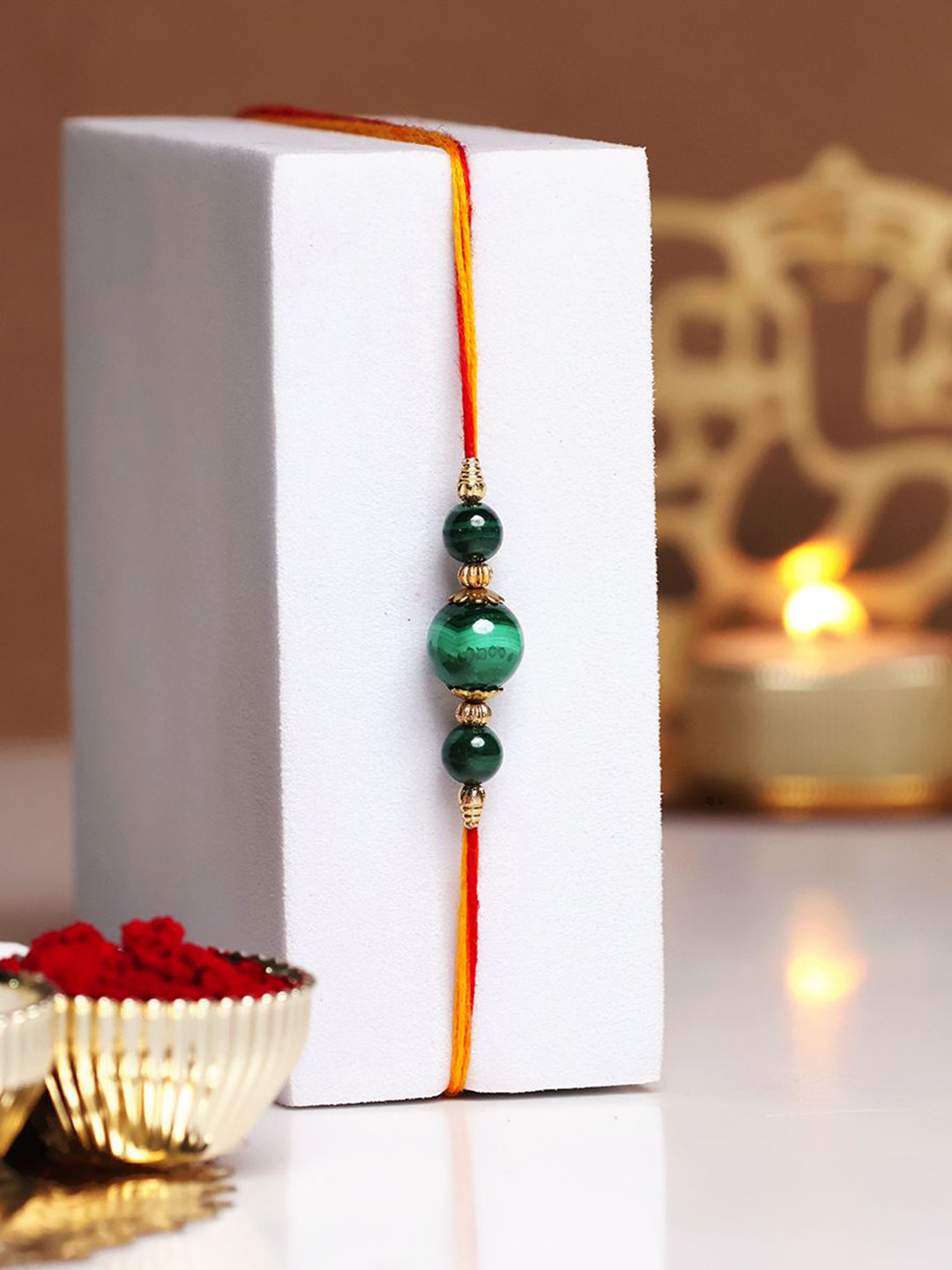 

Shubhanjali Malachite Crystal Beaded Thread Rakhi With Greeting Card & Roli Chawal, Green