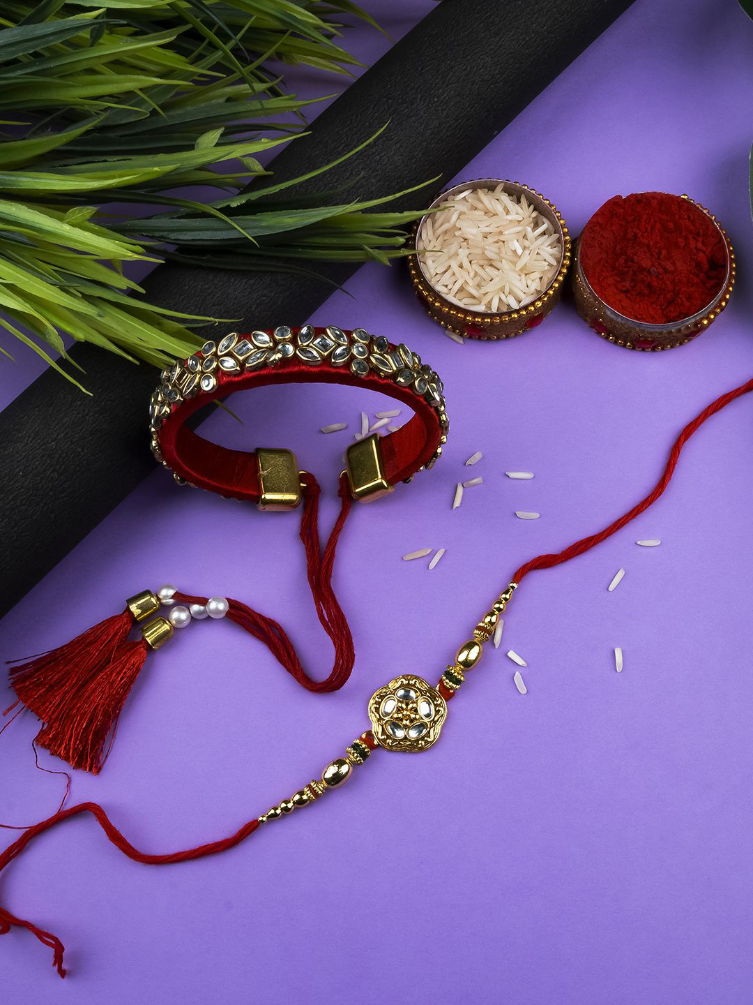 

StileAdda Stones Studded & Beaded Bhai Bhabhi Thread Rakhi, Gold