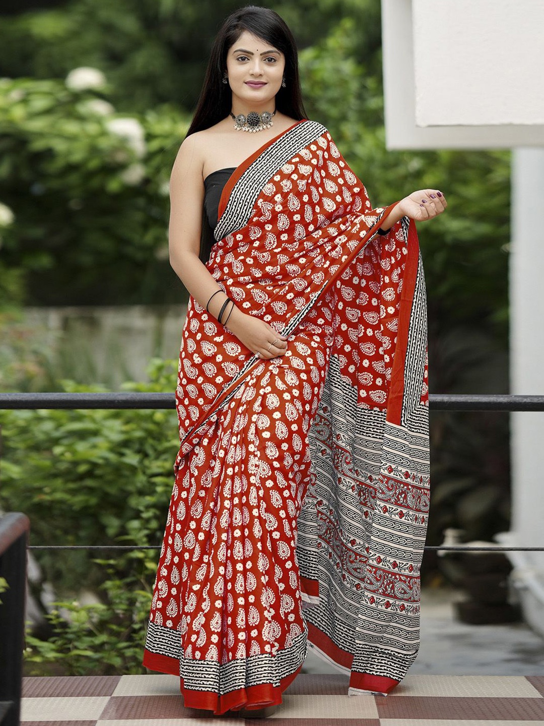 

KALINI Ethnic Motifs Bagru Saree, Red