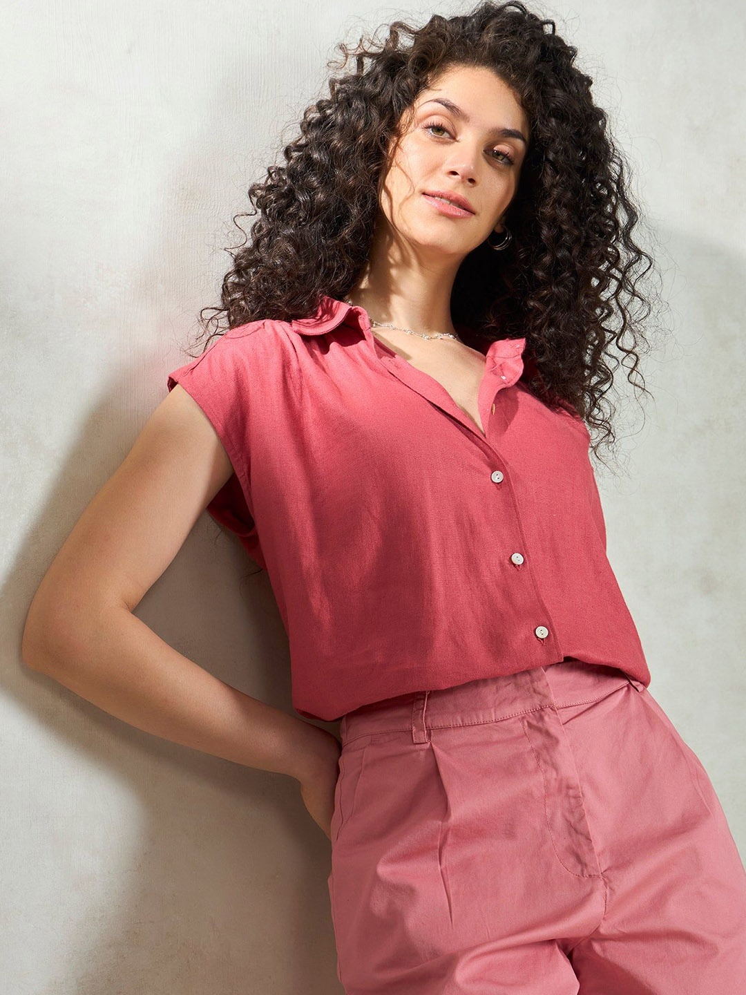 

Virgio Extended Sleeves Linen Shirt Style Top, Pink