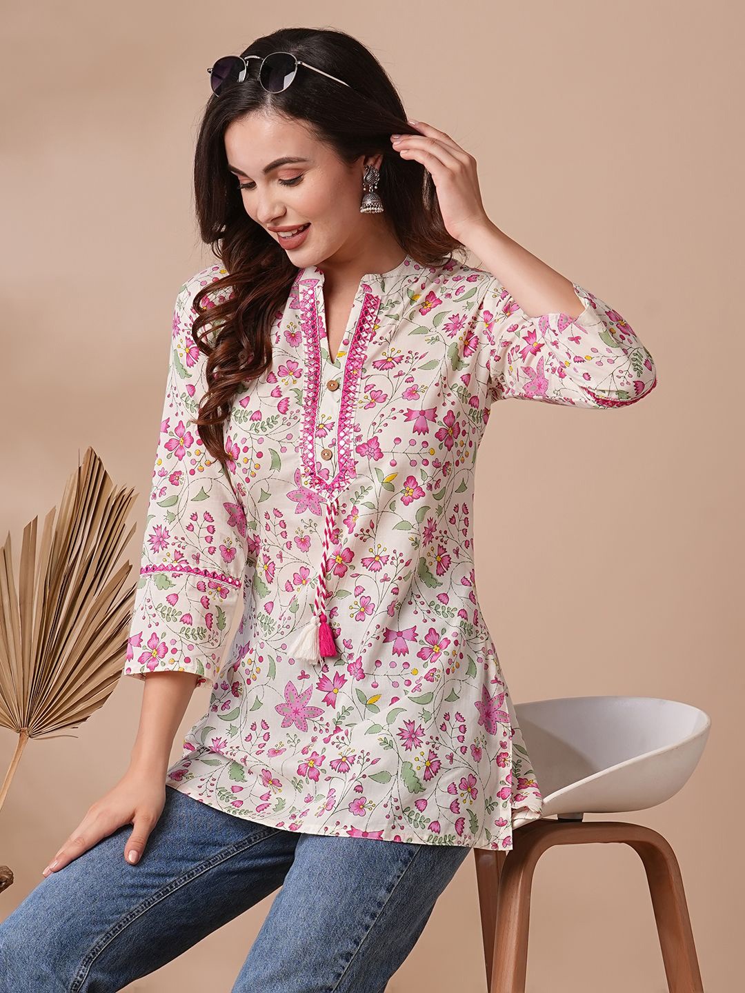 

KALINI Floral Embellished Mirror Work Pure Cotton Mirror Work Kurti, Pink