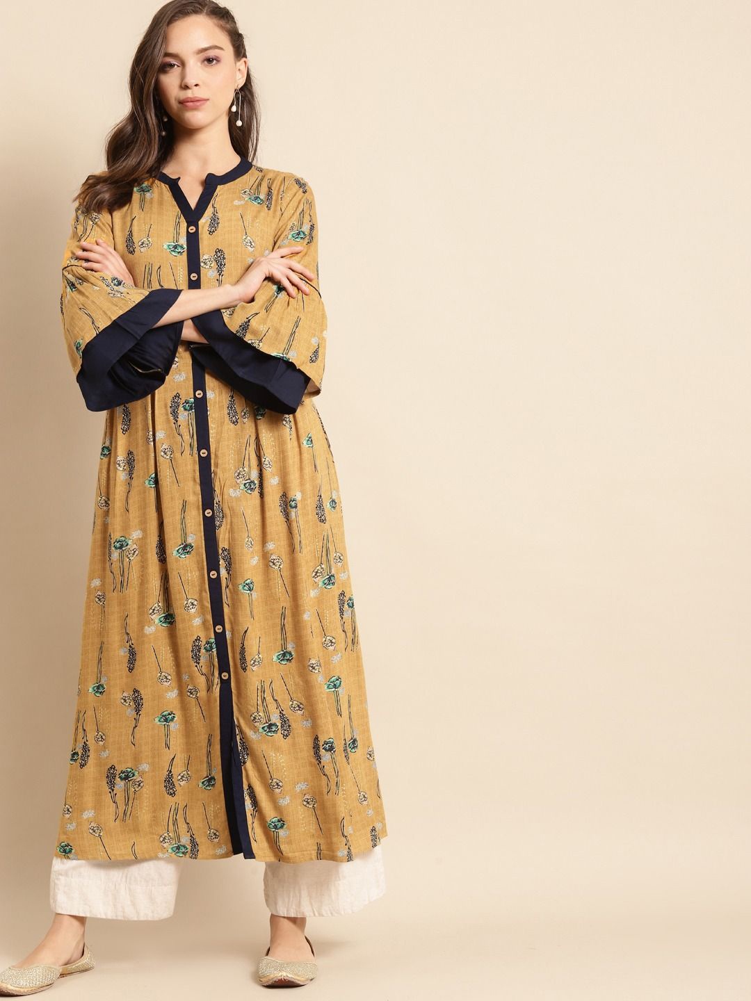 

Anouk Floral Printed Mandarin Collar Flared Sleeves Liva A-Line Kurta, Yellow