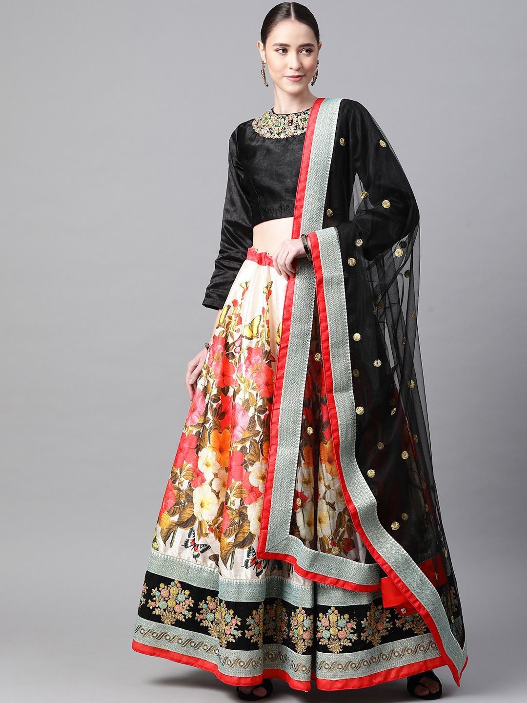

FABPIXEL Embroidered Beads and Stones Semi-Stitched Lehenga & Unstitched Blouse & Dupatta, Cream