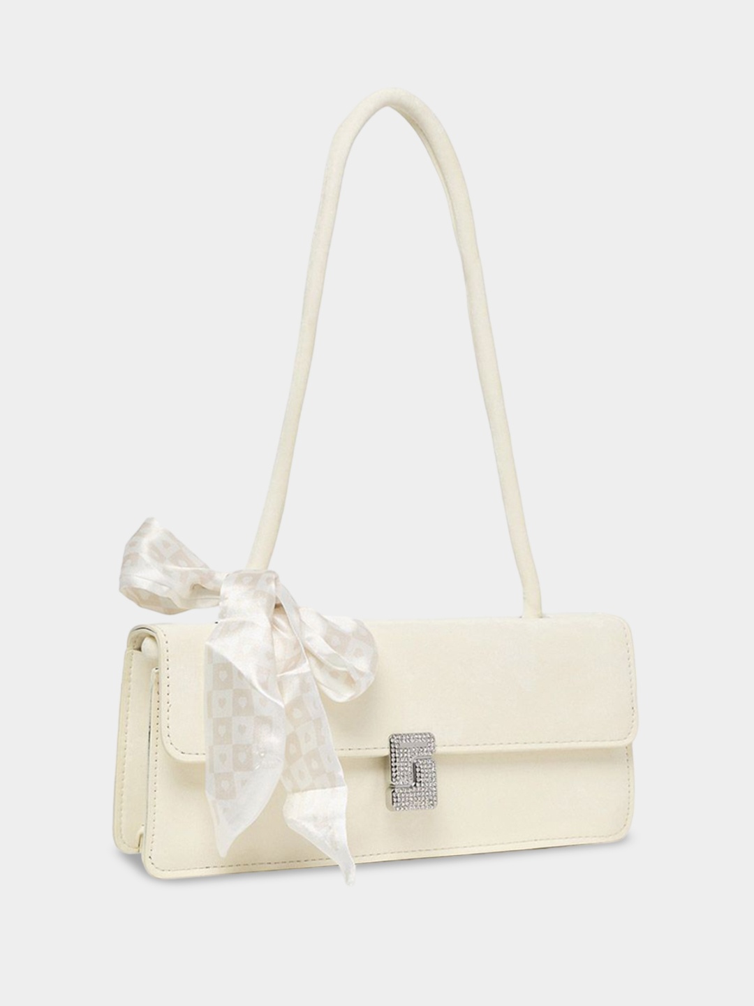 

Styli Off White Shinny Textured Structured Shoulder Bag With Scarf Detail