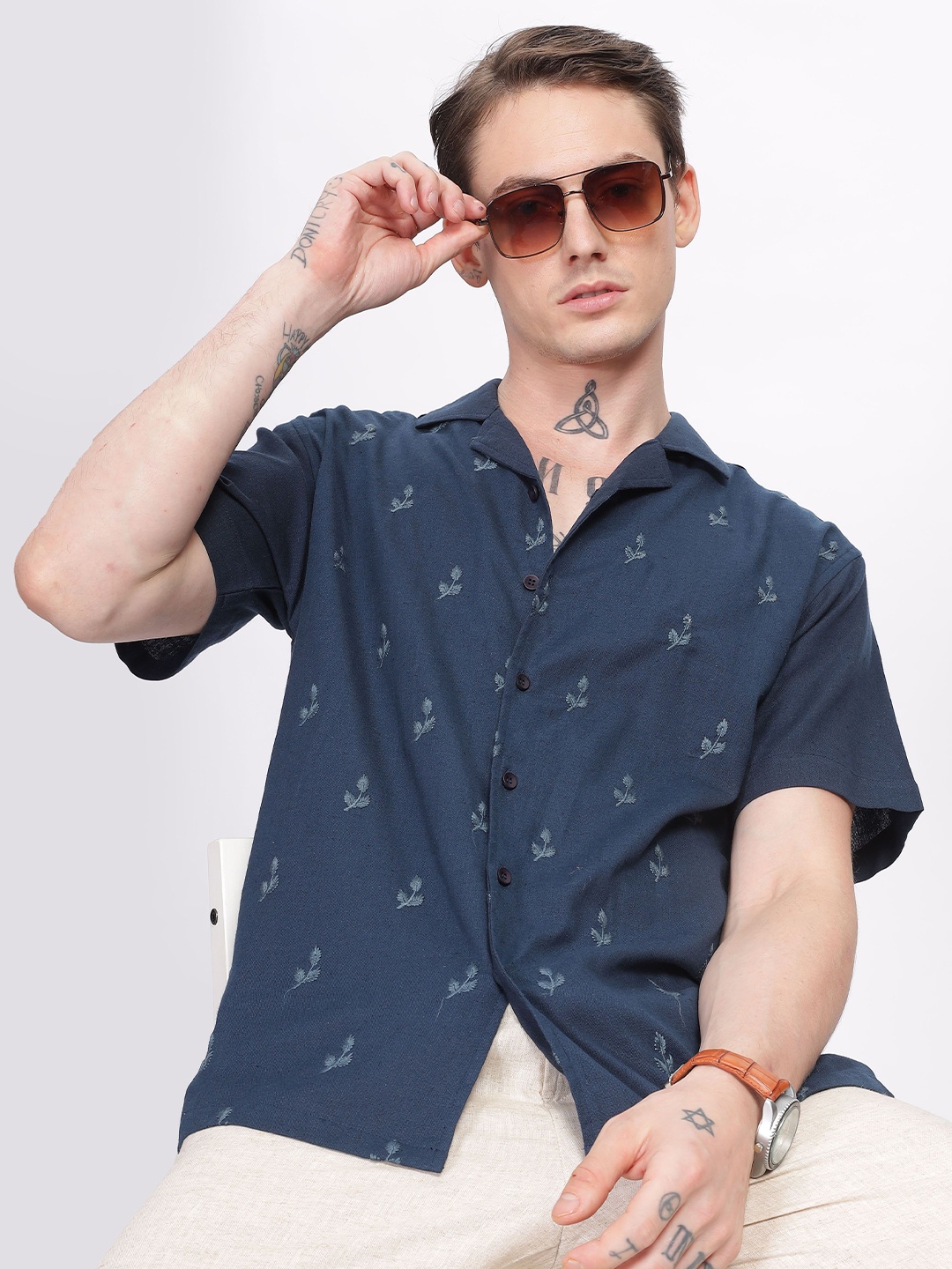 

HAMPTONS Pure Cotton Embroidered Motif Half Sleeve Shirt, Navy blue