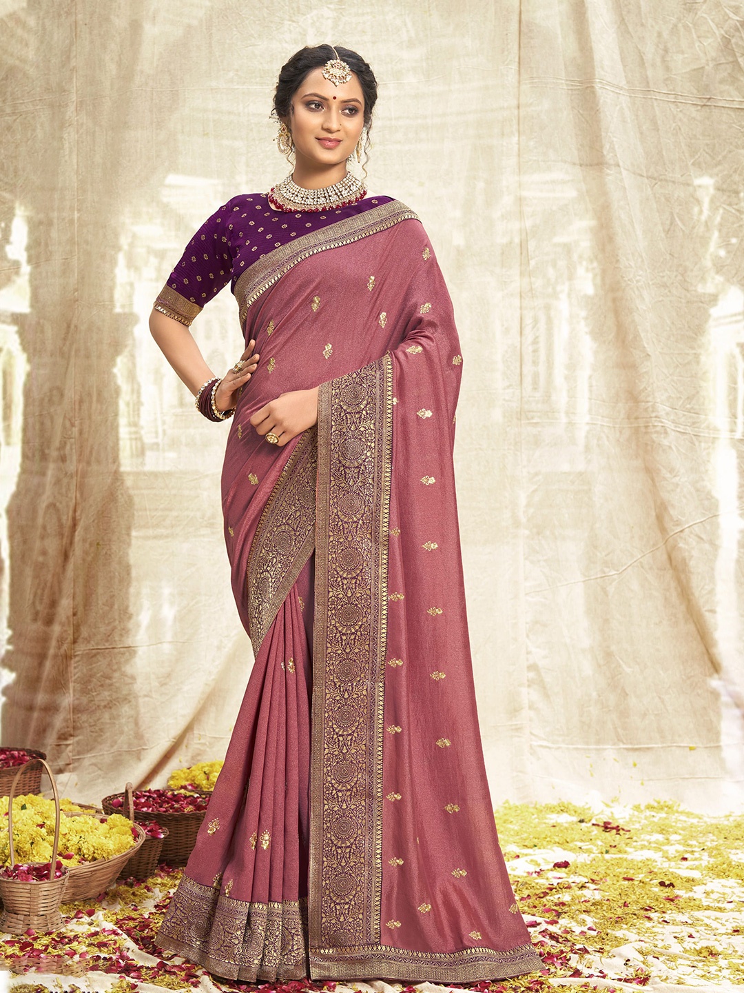 

NIRMAL CREATION Embroidered Zari Ethnic Motifs Pure Silk Saree, Pink