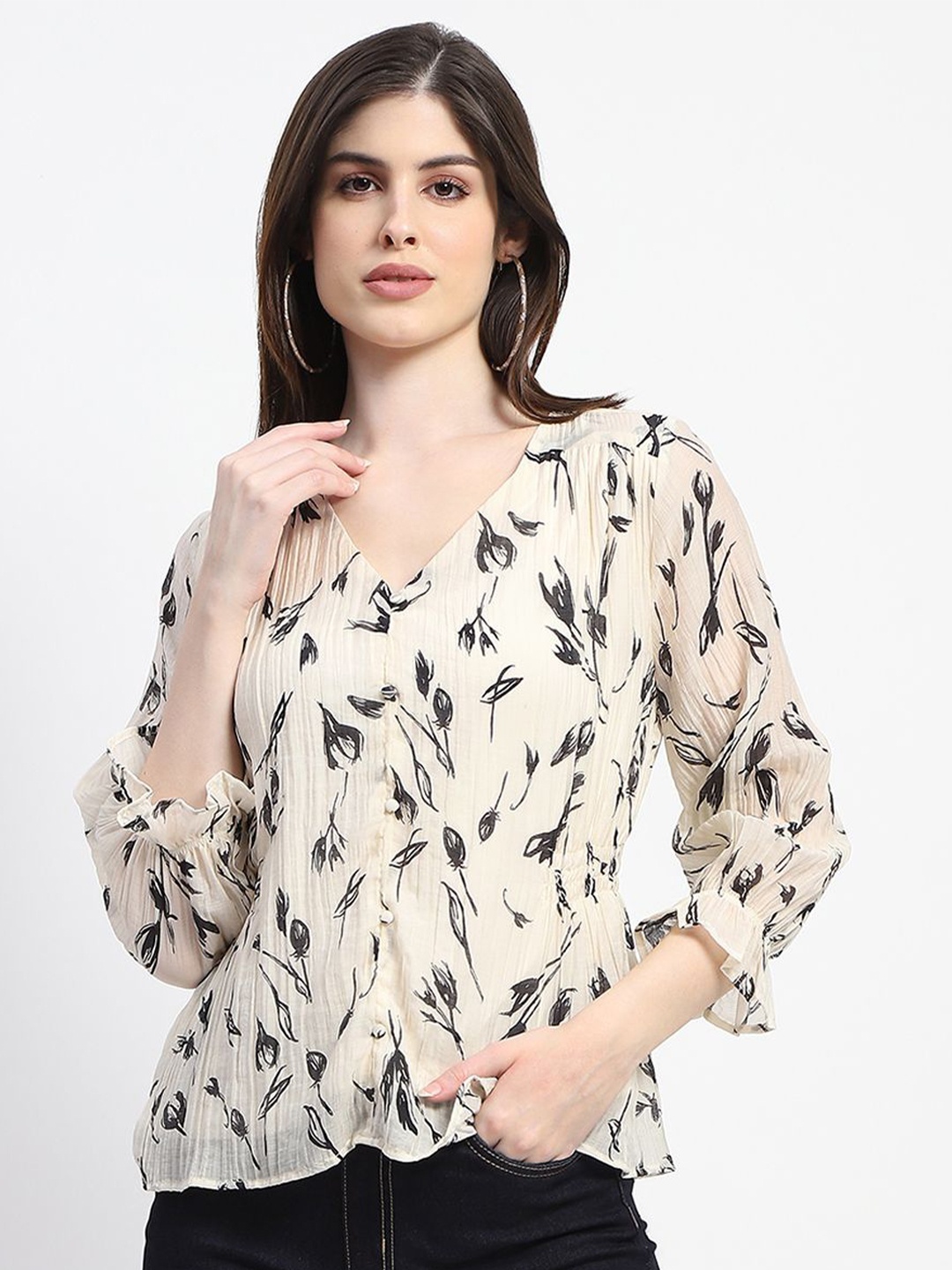 

Madame Women Floral Printed V-Neck Top, Black
