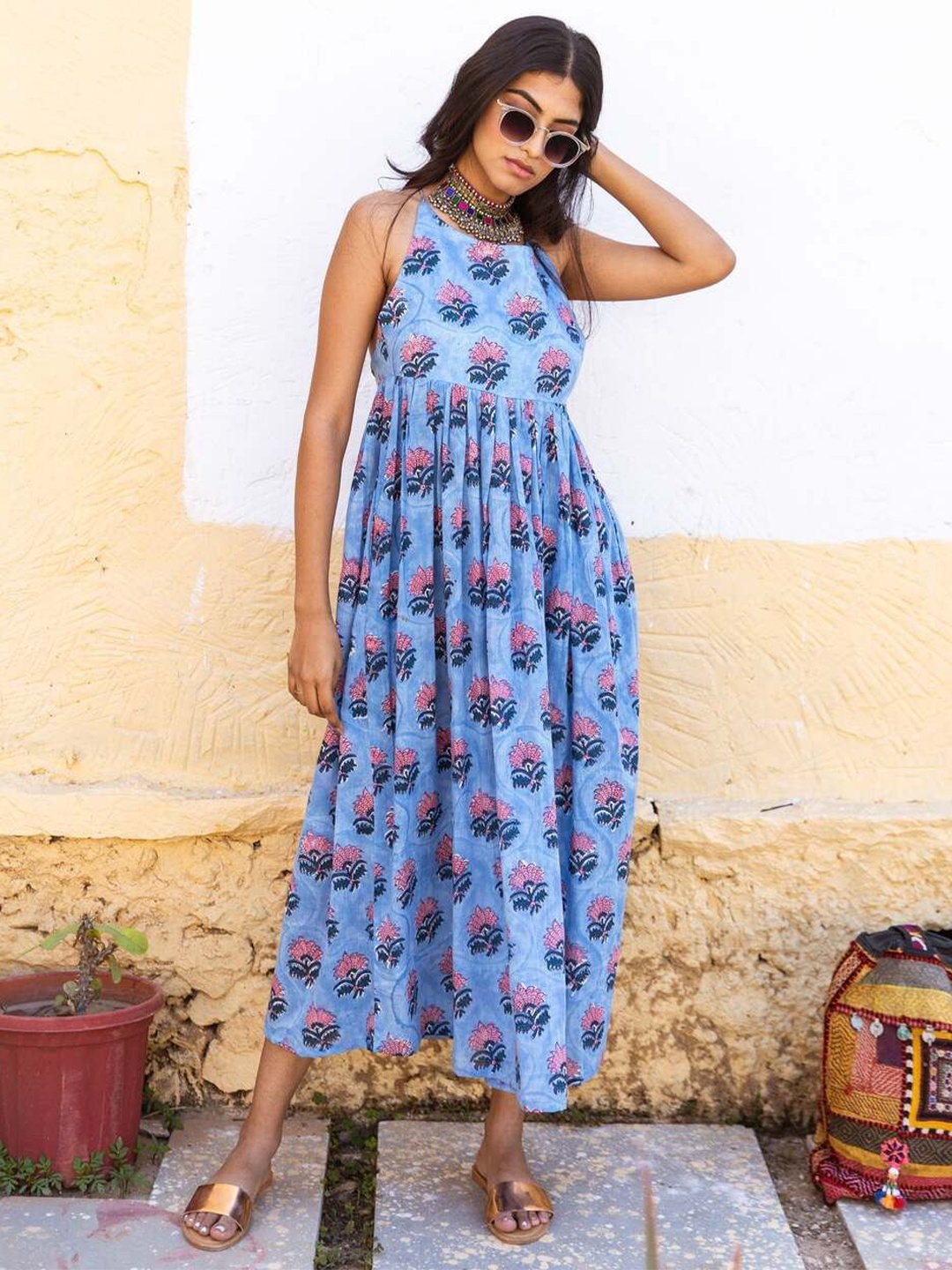 

ROZANAJAIPUR Printed Pure Cotton Fit & Flared Midi Ethnic Dress, Blue