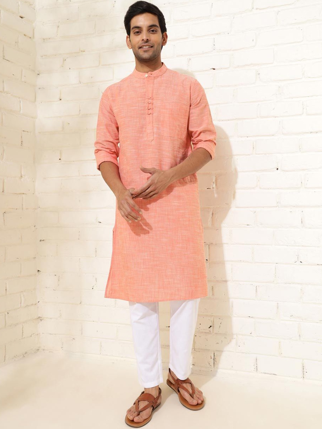 

Fabindia Woven Design Mandarin Collar Cotton Straight Kurta, Coral
