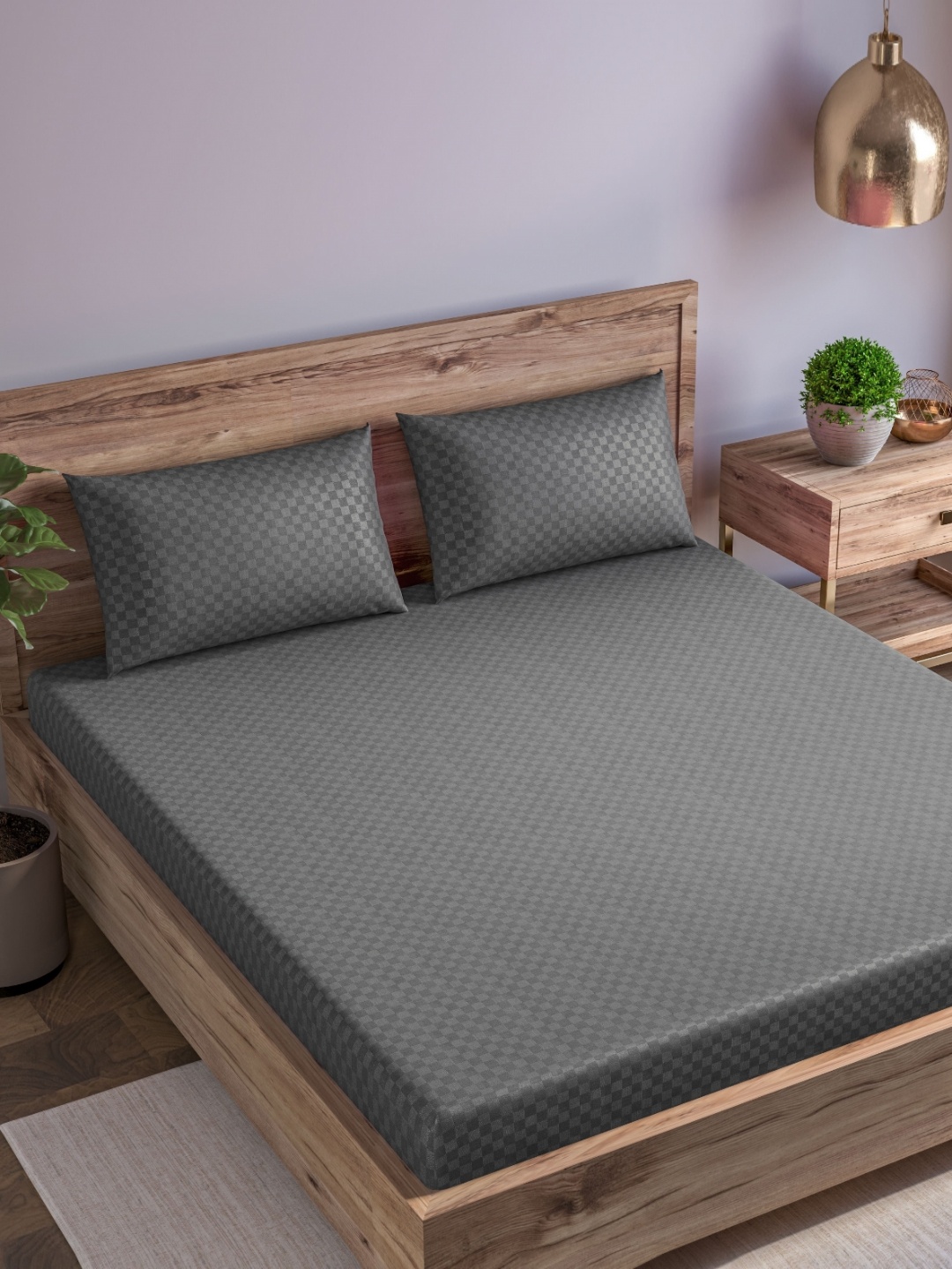 

Trance Home Linen Grey Pure Cotton 300 TC Queen Fitted Bedsheet with 2 Pillow Covers