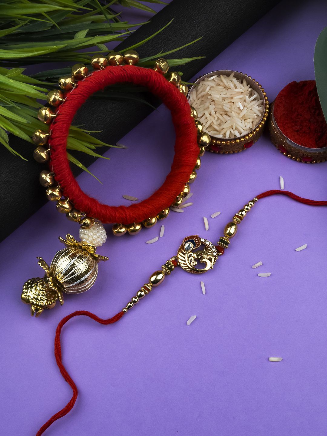 

StileAdda Beaded Bhaiya Bhabhi Rakhis with Roli Chawal, Red