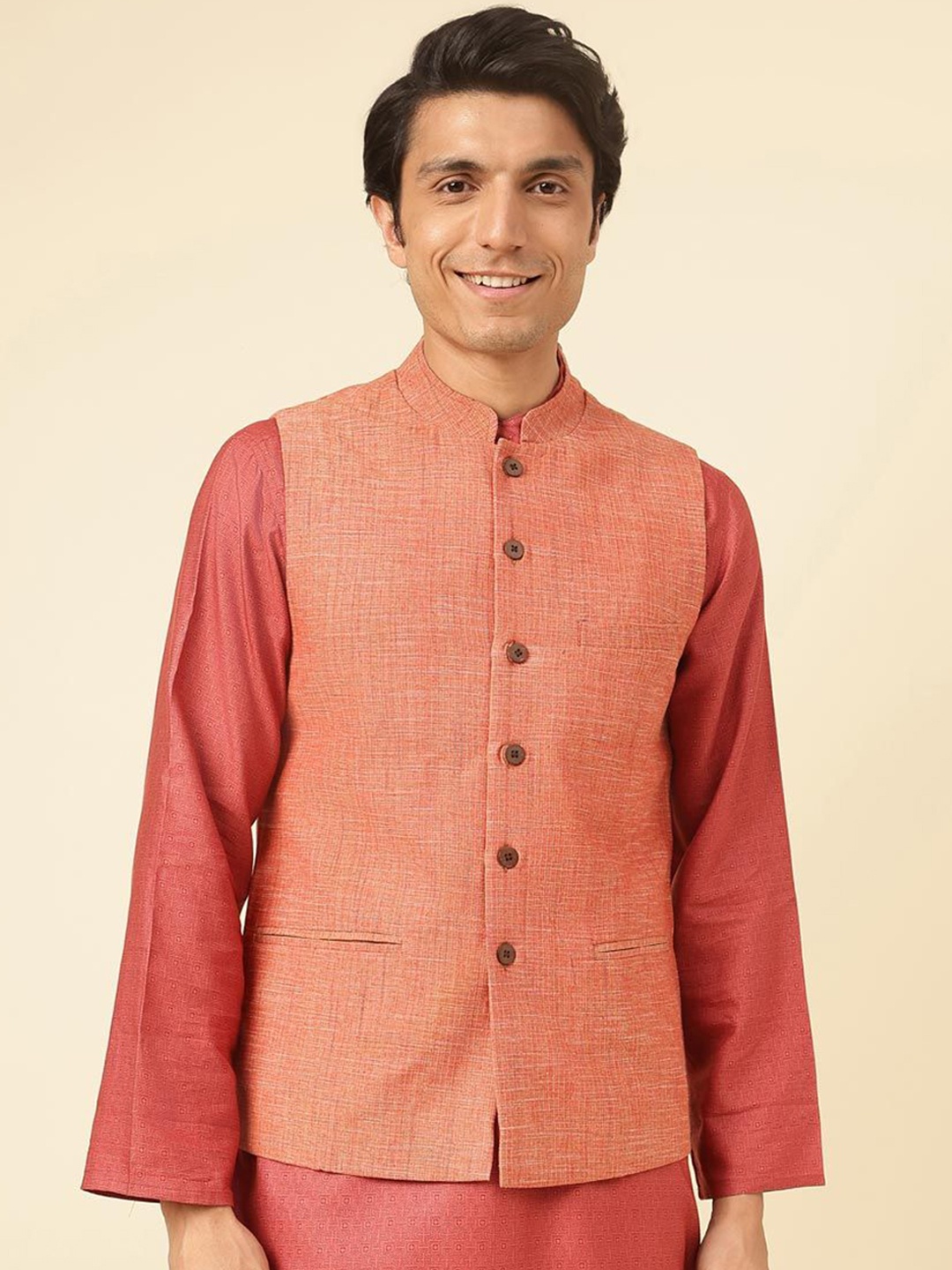 

Fabindia Striped Pure Cotton Nehru Jacket, Orange