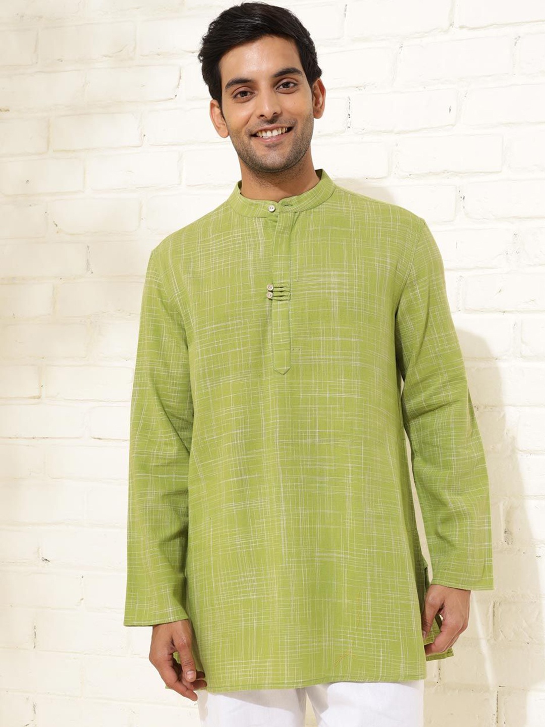 

Fabindia Abstract Woven Design Mandarin Collar Cotton Straight Kurta, Green