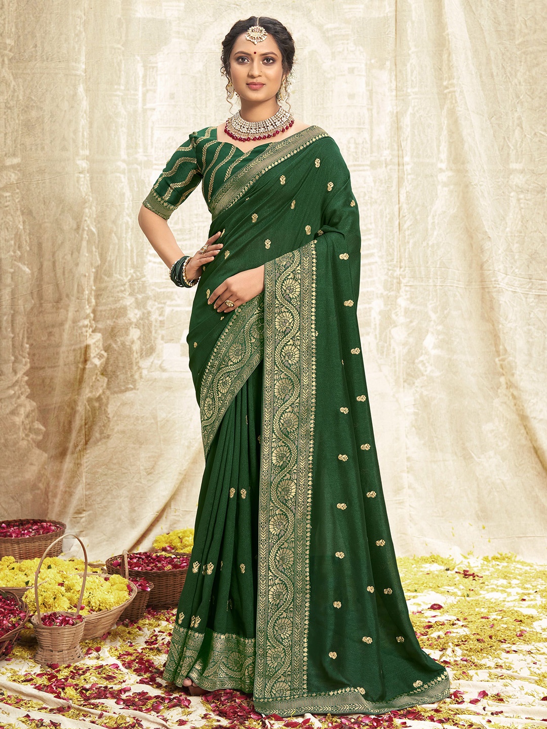 

NIRMAL CREATION Ethnic Motifs Zari Pure Silk Saree, Green