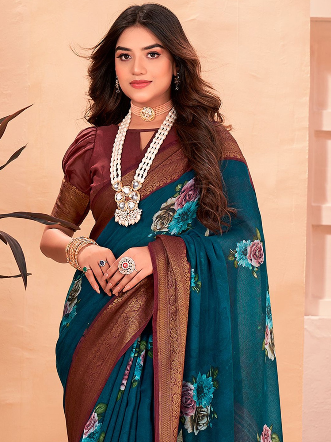 

Saree mall Floral Zari Sungudi Sarees, Teal