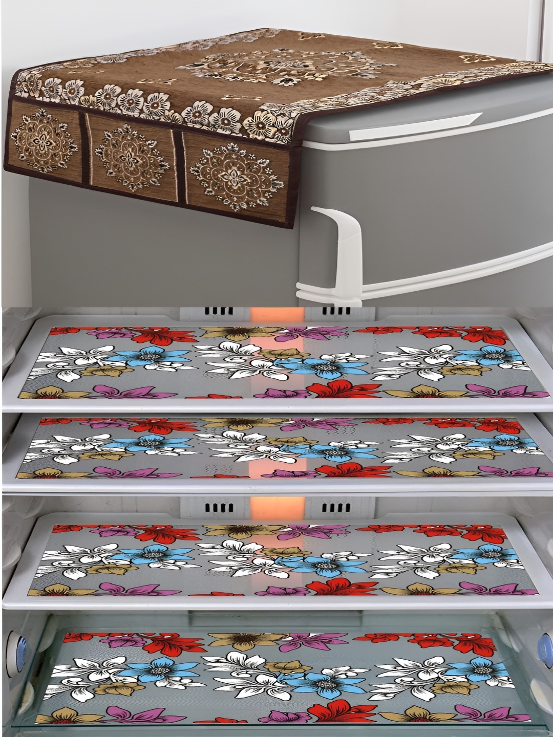 

LooMantha Blue & Brown 5 Pieces Printed Fridge Top Cover & Fridge Mats