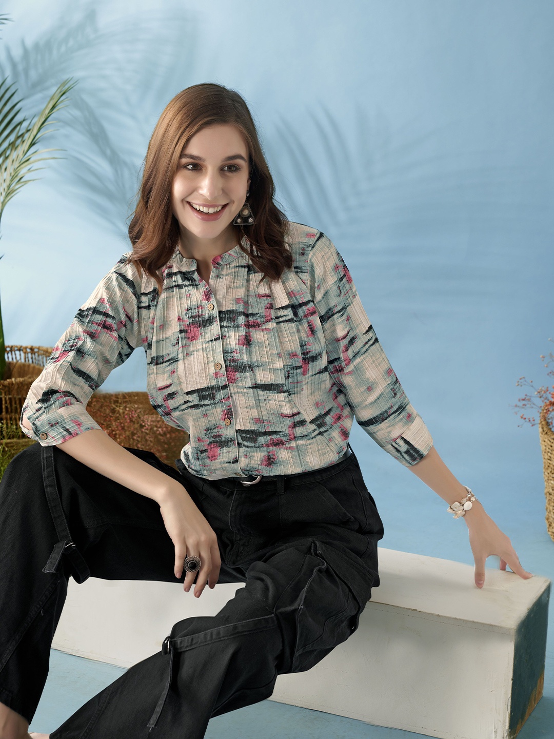 

Anouk Women Abstract Printed Mandarin Collar Casual Shirt, Blue