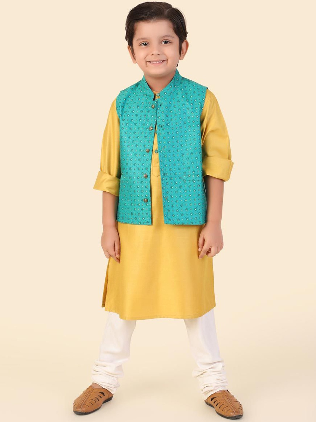 

Fabindia Boys Mandarin Collar Straight Kurta With Nehru Jacket, Yellow