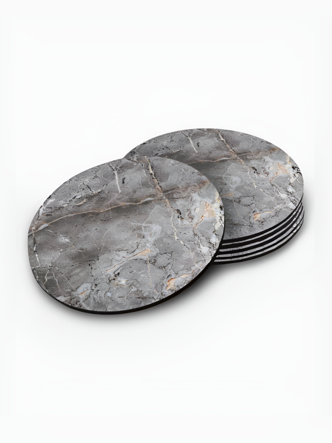 

macmerise Grey & Black 6 Pieces Printed Wooden Round Coasters
