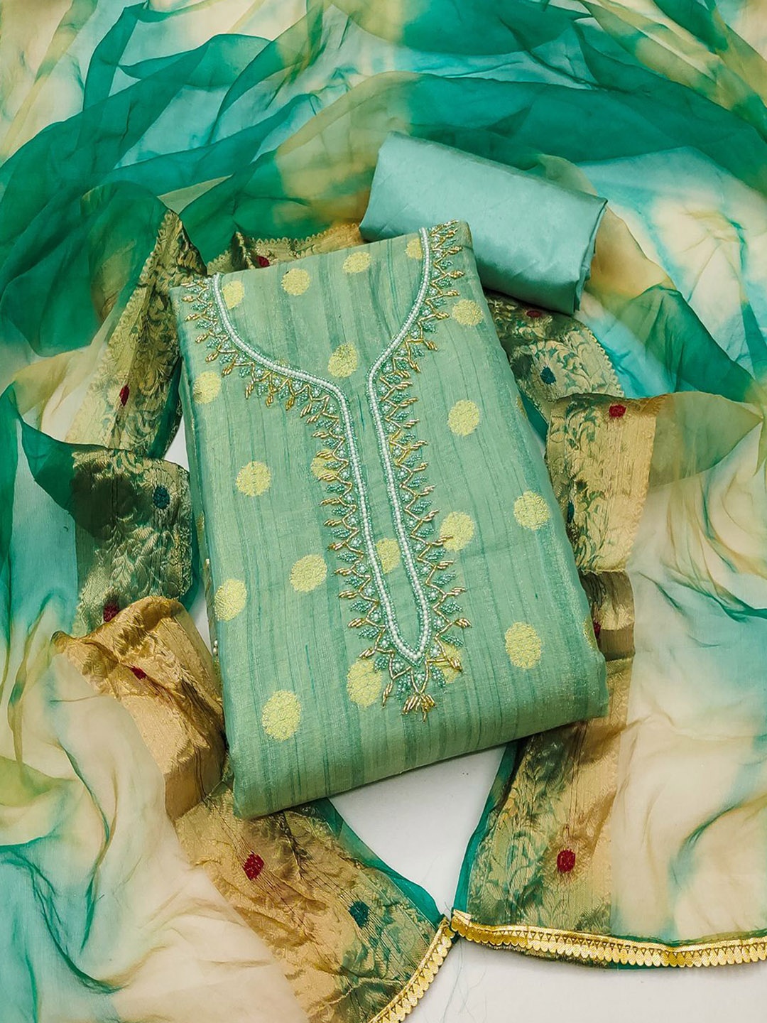 

Lilots Floral Beads and Stones Unstitched Dress Material, Teal
