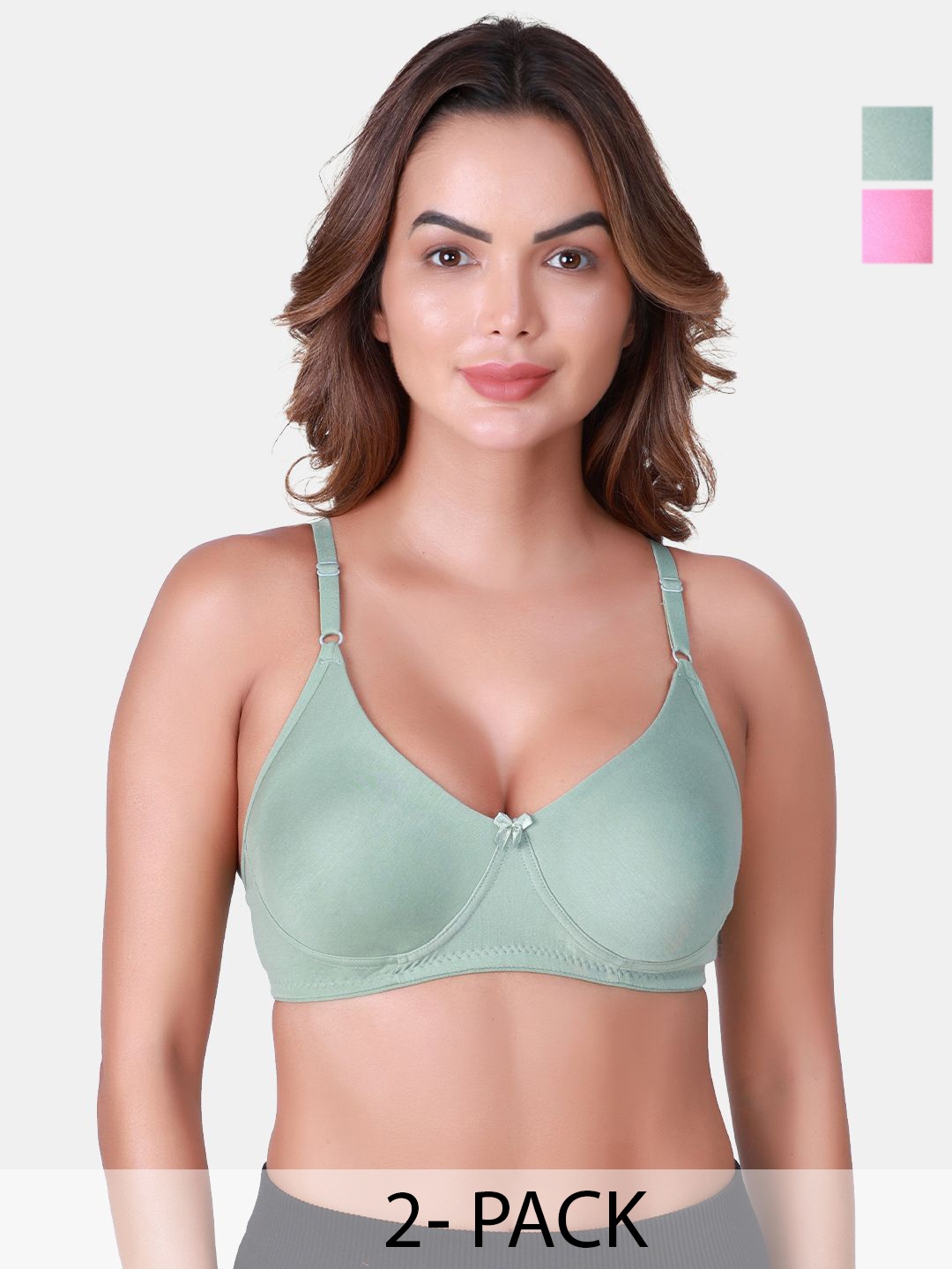 

SKDREAMS Pack Of 2 Seamless Non Padded Full Coverage T-Shirt Bra, Green
