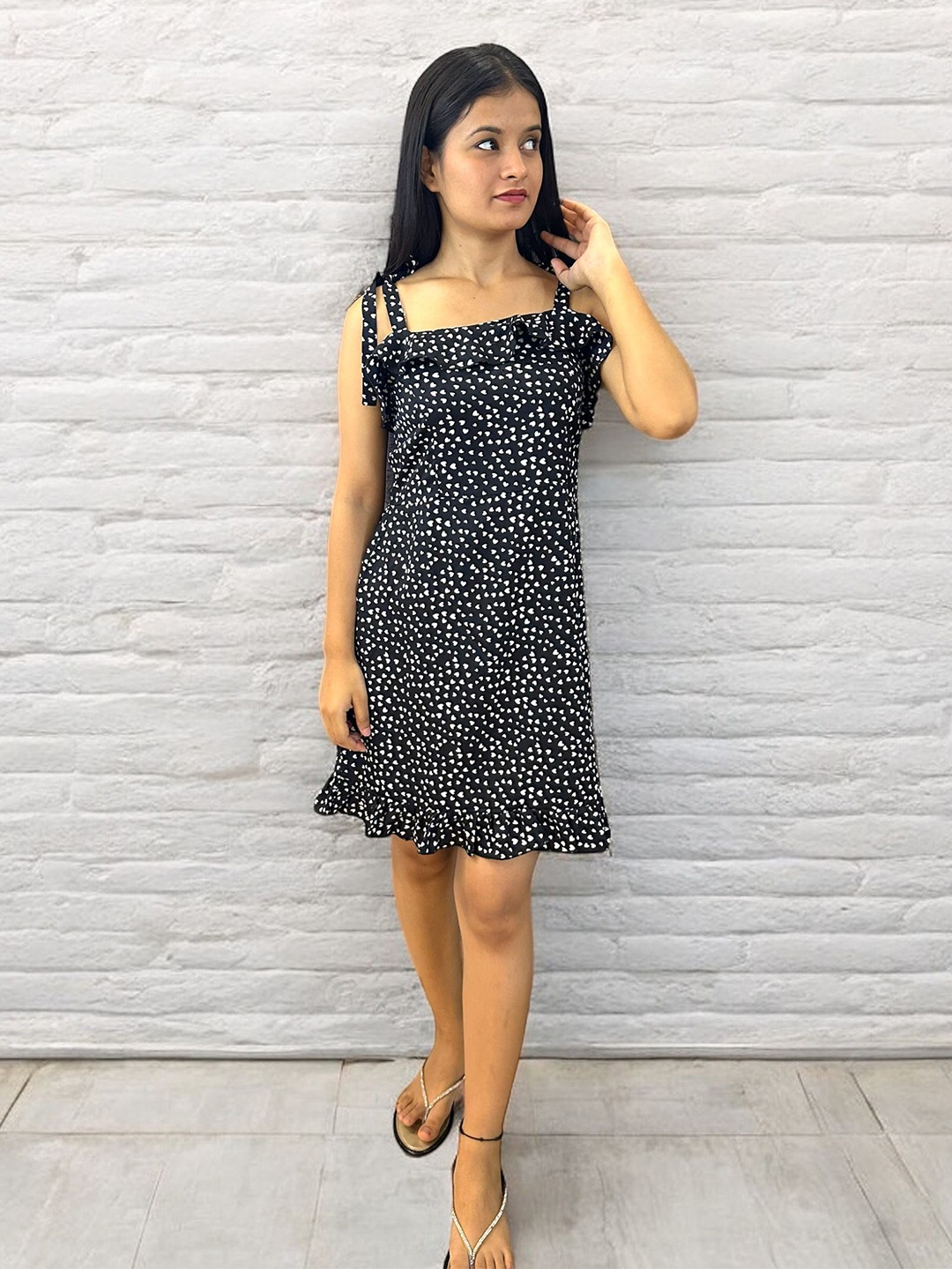 

Samsara Couture Women Printed Ruffled A-Line Dress, Black