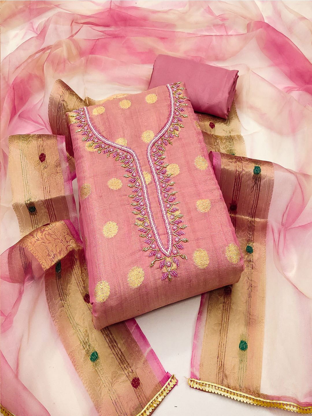 

Lilots Embroidered Beads and Stones Unstitched Dress Material, Pink