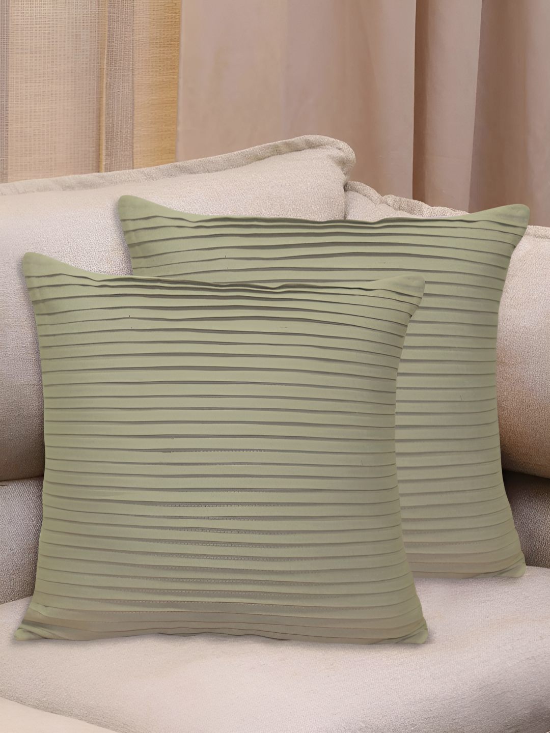 

HOME COLORS.IN Beige 2 Pieces Striped Square Pure Cotton Cushion Covers