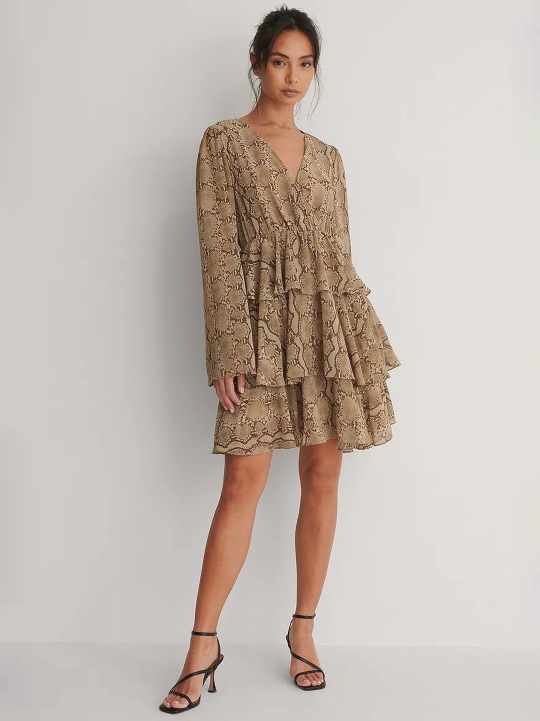 

TIRA Printed Long Sleeves Ruffled Tiered Fit & Flare Dress, Beige