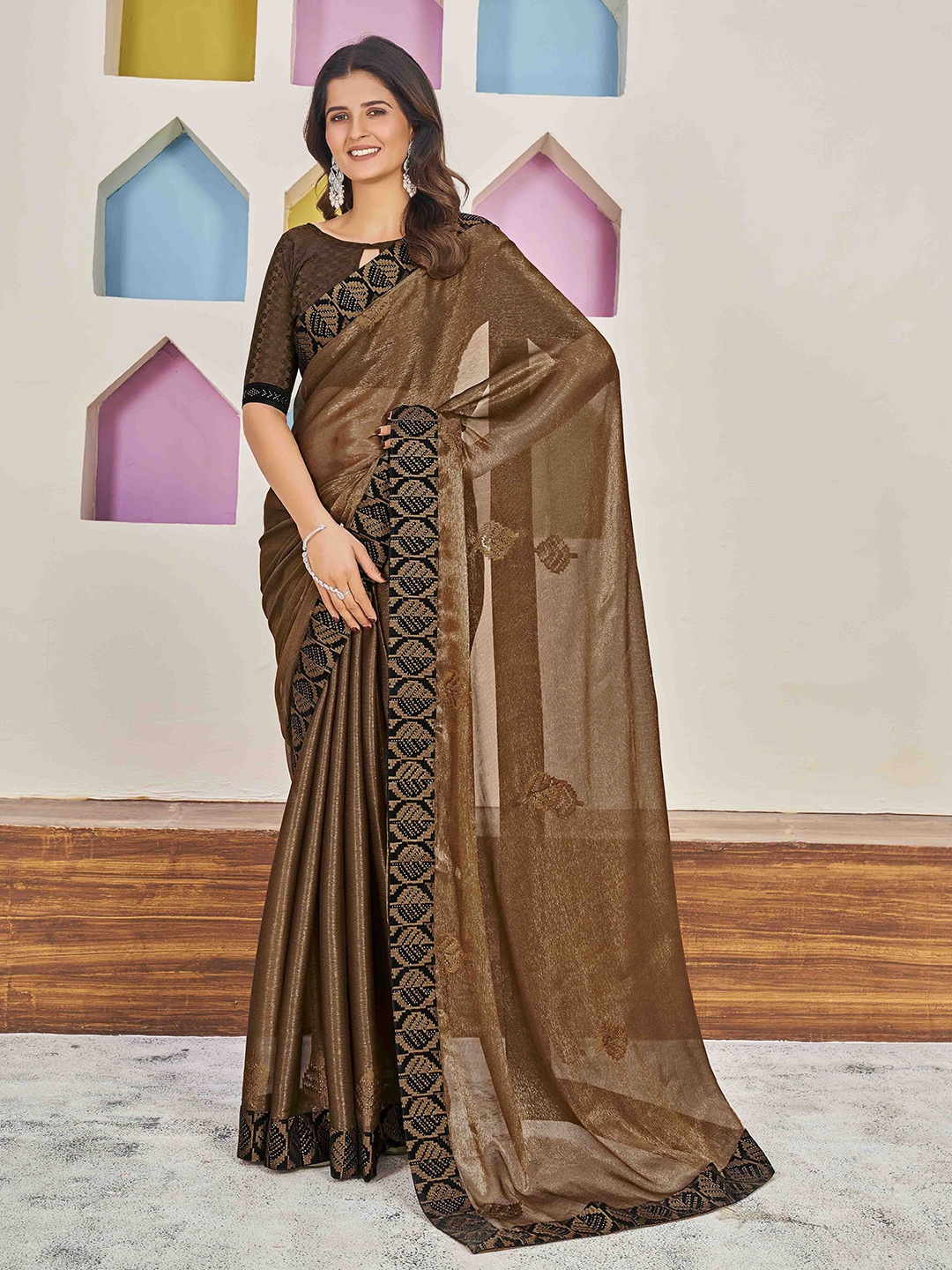

Ethnielle Embellished Zari Brasso Saree, Brown
