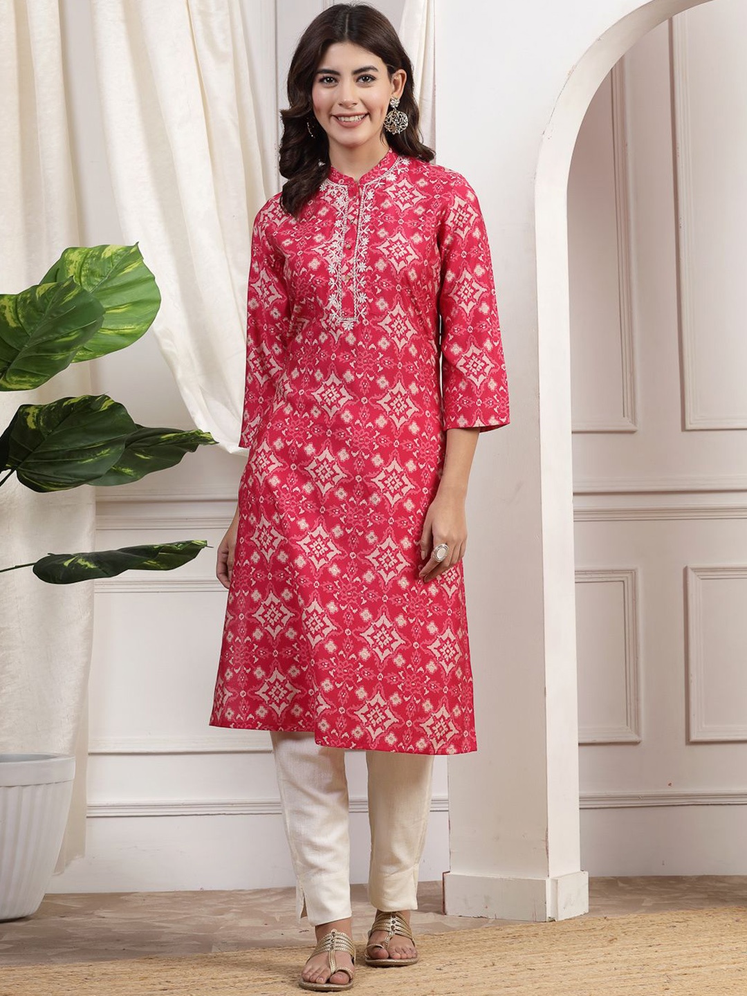

Nayam By Lakshita Ethnic Motifs Printed Chanderi Cotton Straight Kurta, Pink