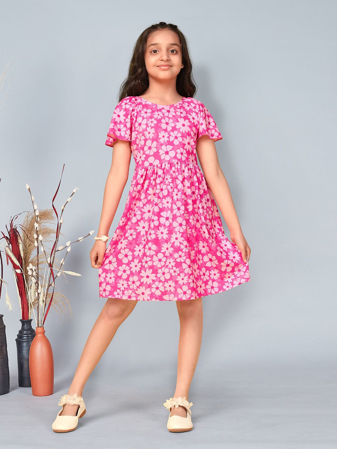 

BAESD Girls Floral Printed Round Neck Flutter Sleeve Fit & Flare Dress, Pink