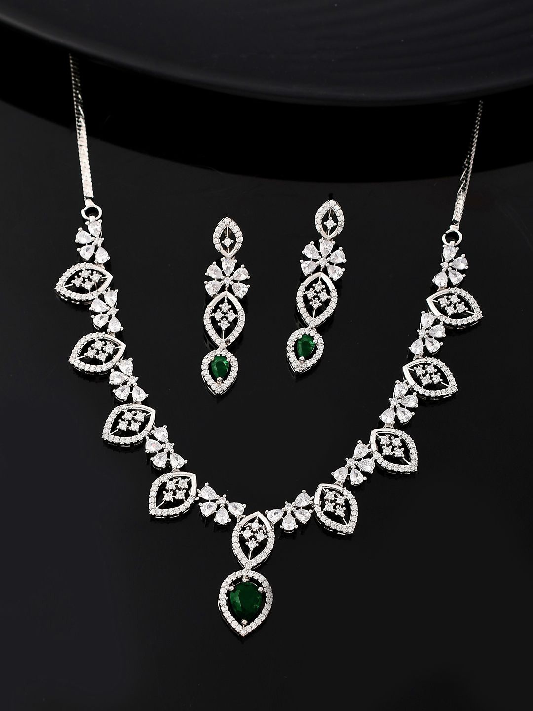 

Voylla Rhodium-Plated Sparkling Elegance Timeless Emerald American Diamond Jewellery Set, Silver