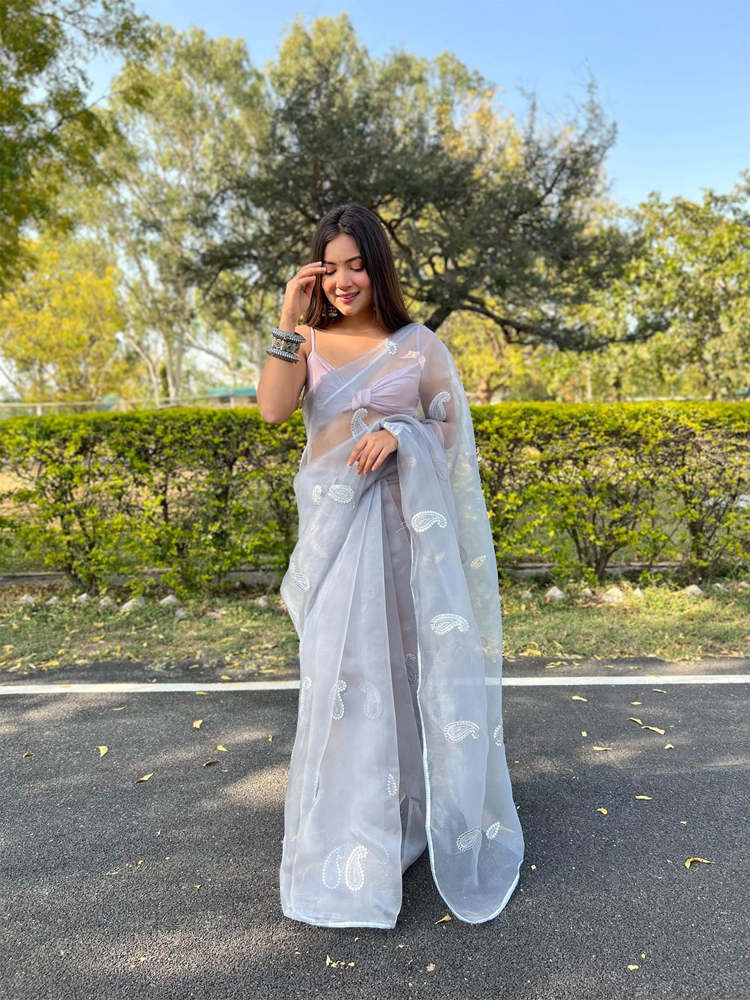 

Mitera Paisley Embroidered Organza Grey Saree