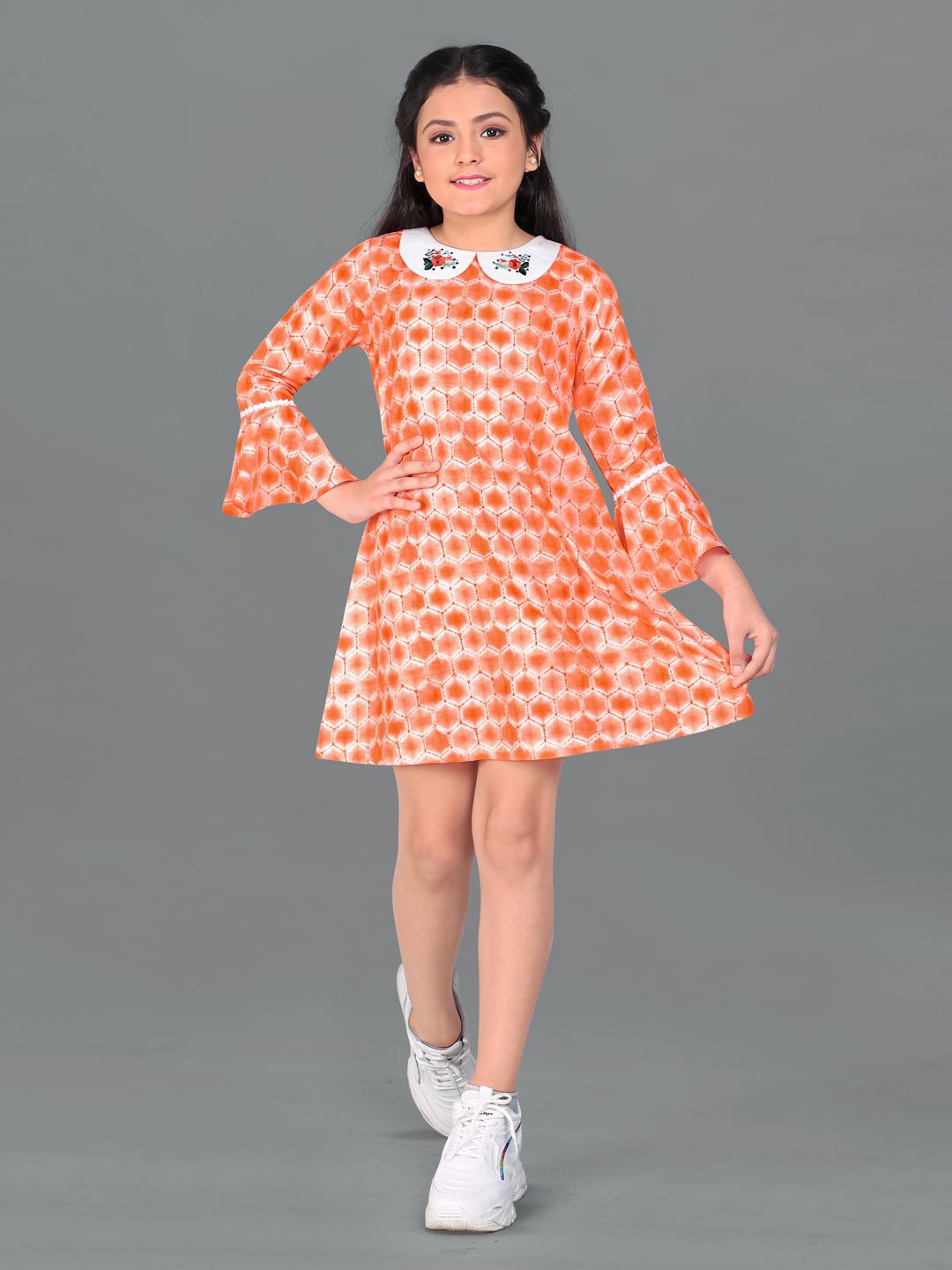 

BAESD Girls Printed Bell Sleeve Crepe A-Line Dress, Orange