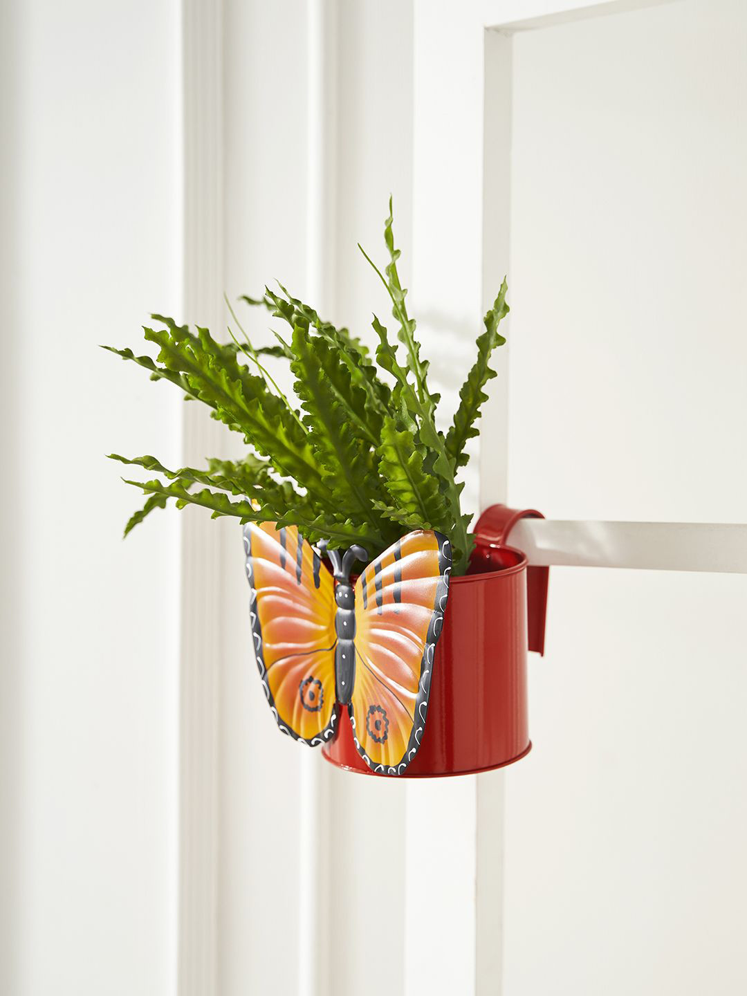 

DecorTwist Butterfly Metal Hanging Railing Planter, Red