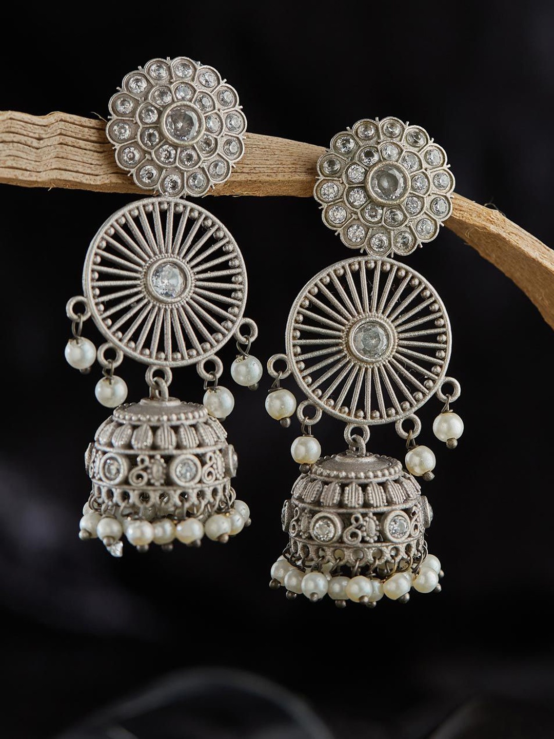 

Fabindia Studded & Beaded Contemporary Jhumkas, Silver