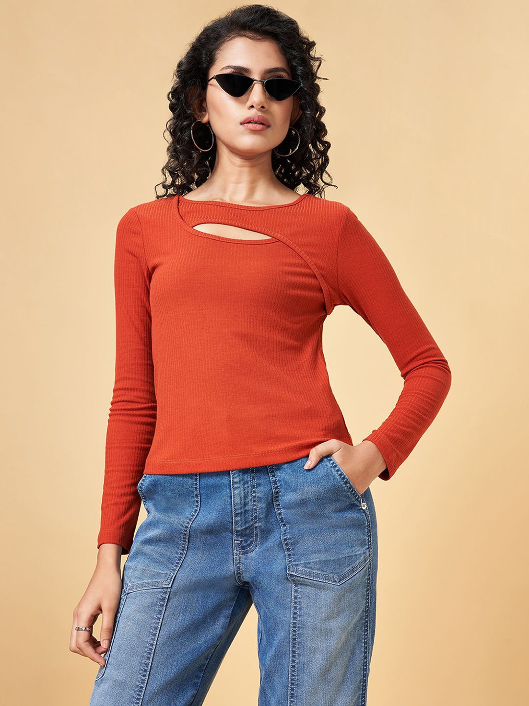 

SF JEANS by Pantaloons Women Solid Round Neck Top, Rust