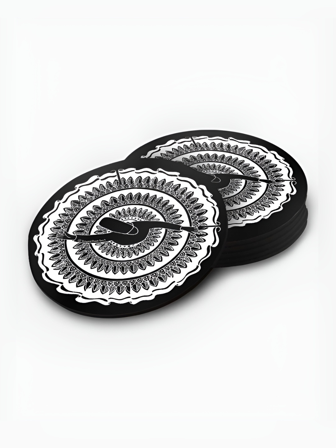 

macmerise Black & White 6 Pieces Printed Wooden Round Coasters