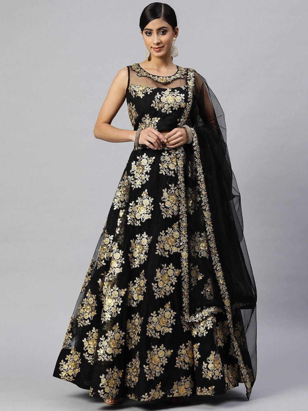 

FABPIXEL Zari Embroidered Sequinned Semi-Stitched Lehenga & Unstitched Blouse With Dupatta, Black