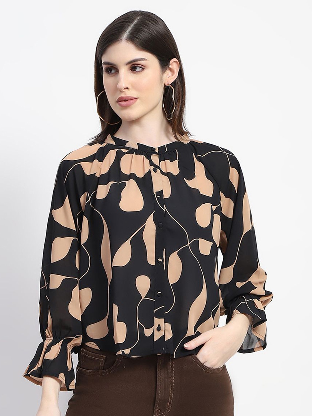 

Madame Women Abstract Printed Round Neck Top, Black