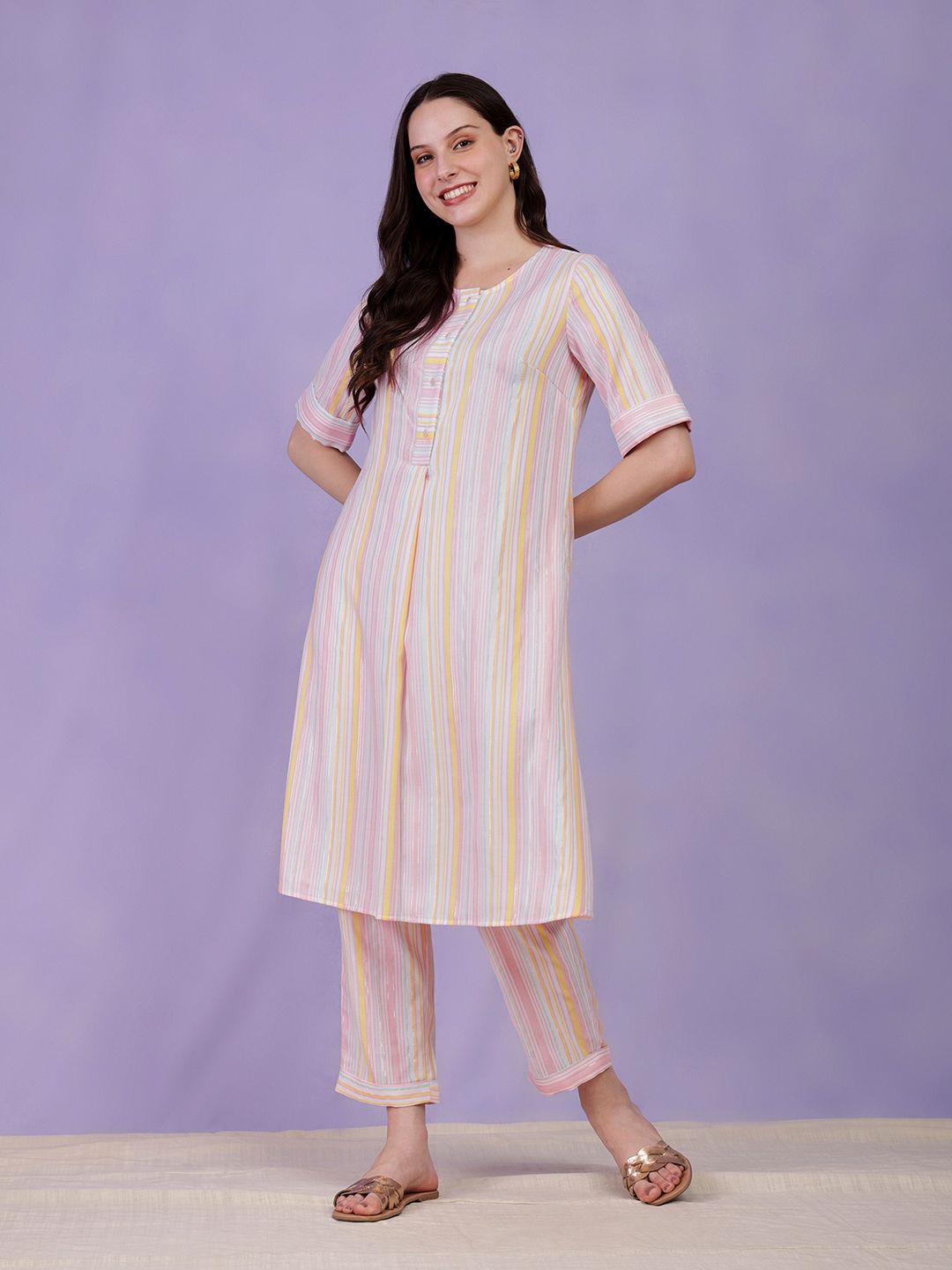 

Pink Fort Striped Cotton A-Line Kurta, White