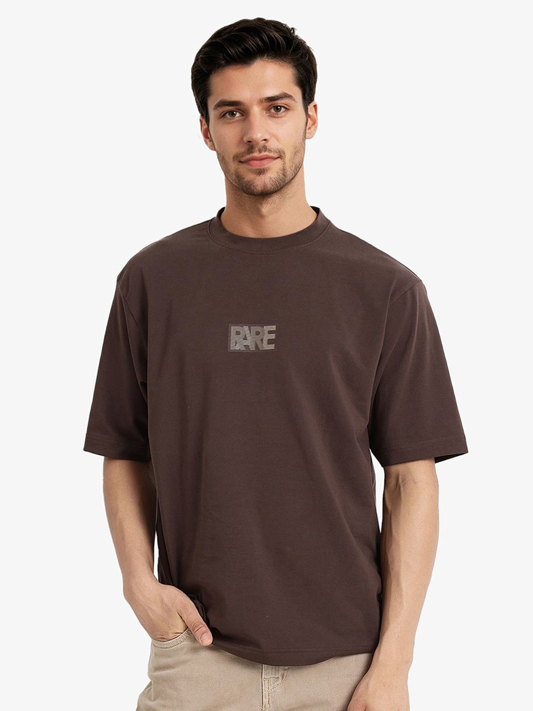 

RARE RABBIT Men Drop-Shoulder Sleeves Solid Oversized T-shirt, Brown