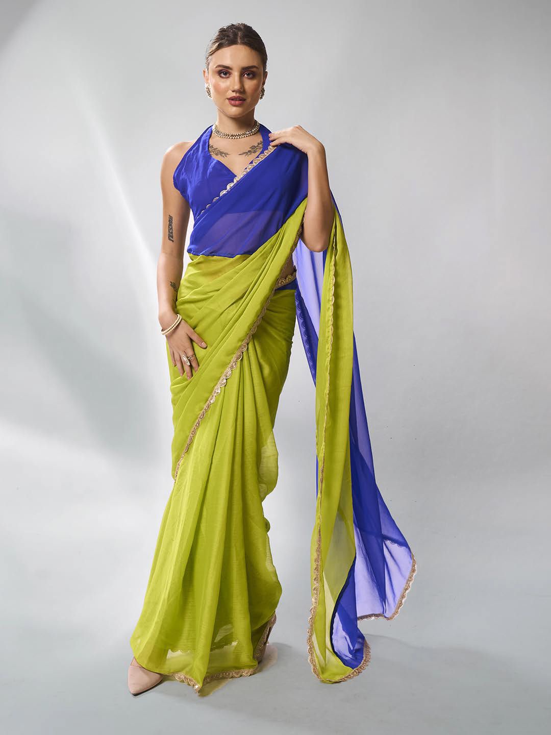 

Kalista Colourblocked Sequinned Pure Chiffon Ready to Wear Saree, Fluorescent green