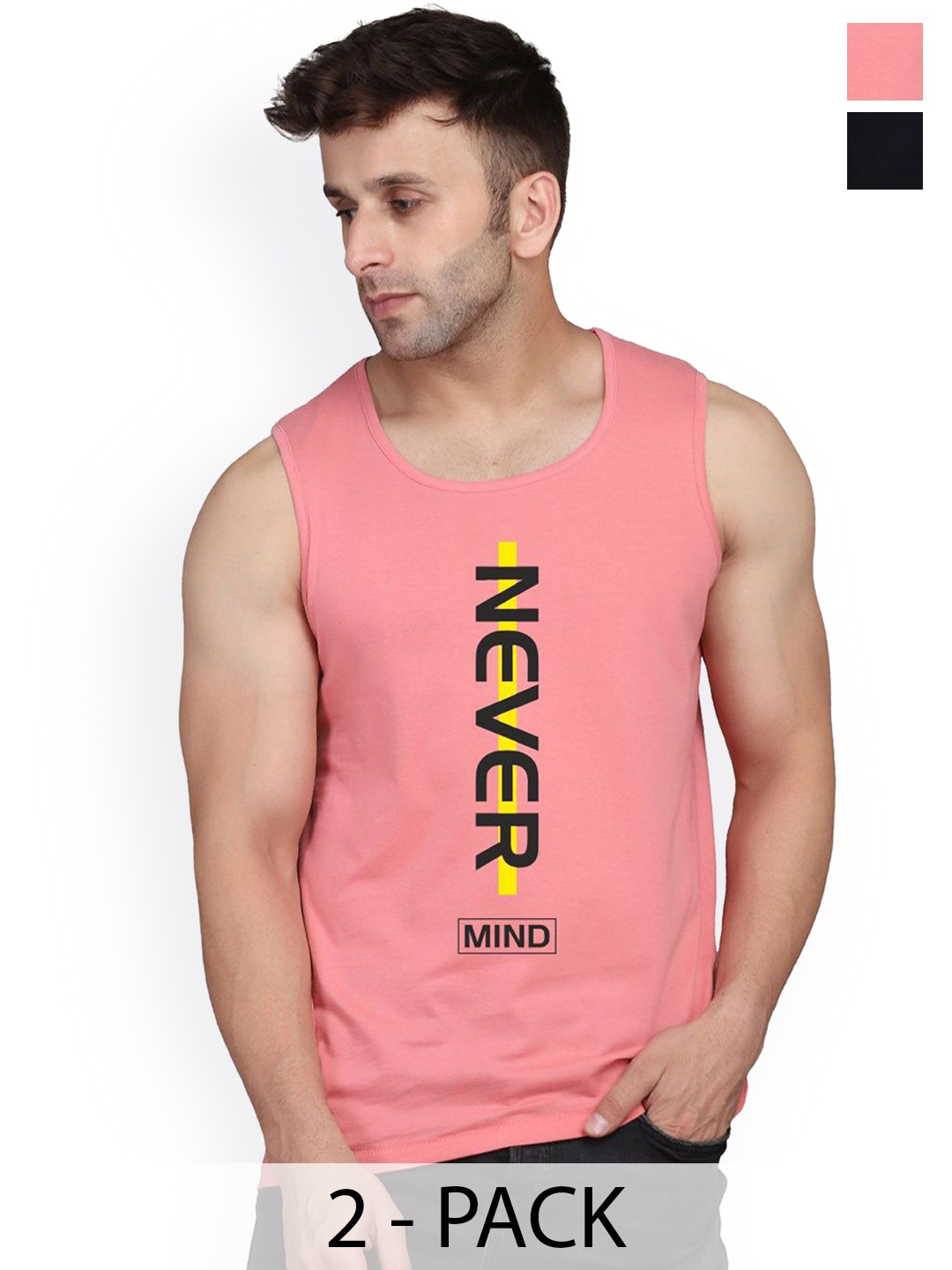 

SLOWLORIS Pack Of 2 Printed Sleeveless Gym Vests SL26 COMBO (LOUD BLACK) (NVR PEACH)